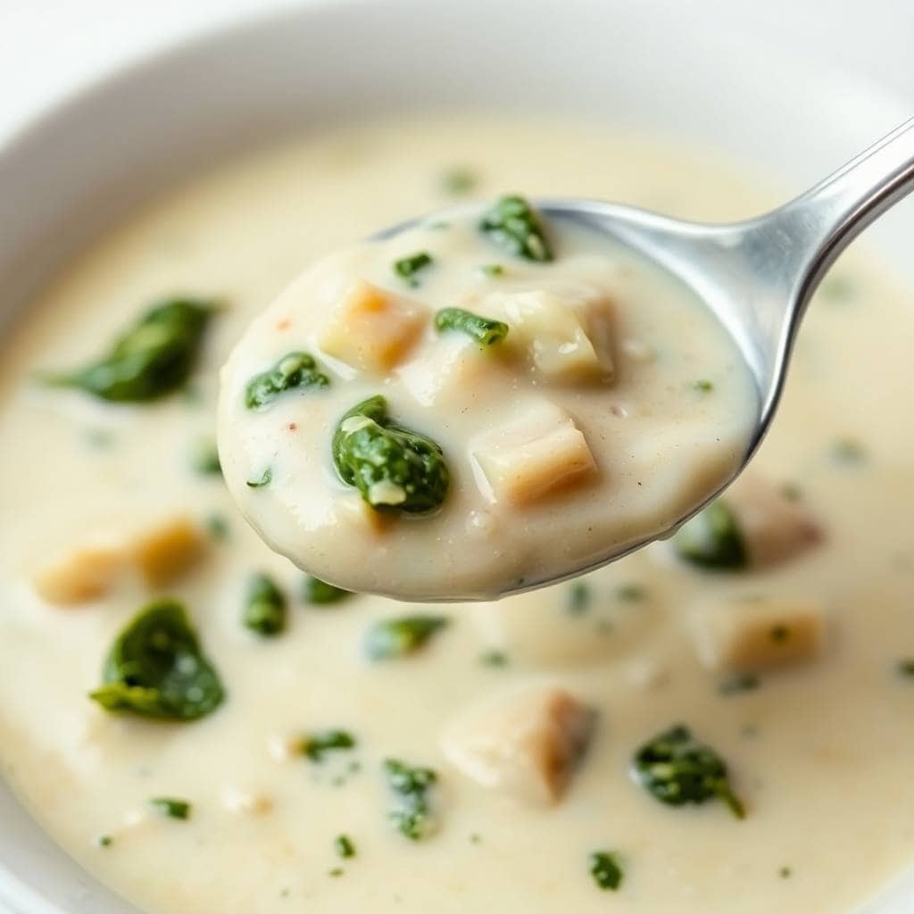 Creamy spinach artichoke soup in white bowl with spoon, garnished with fresh green spinach pieces.