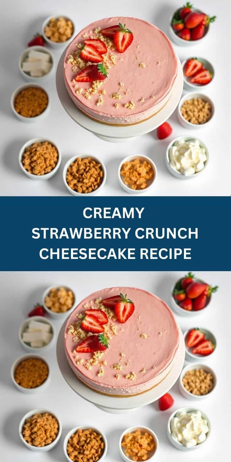 Creamy strawberry crunch cheesecake with fresh berries and graham cracker crumbles, surrounded by ingredients.
