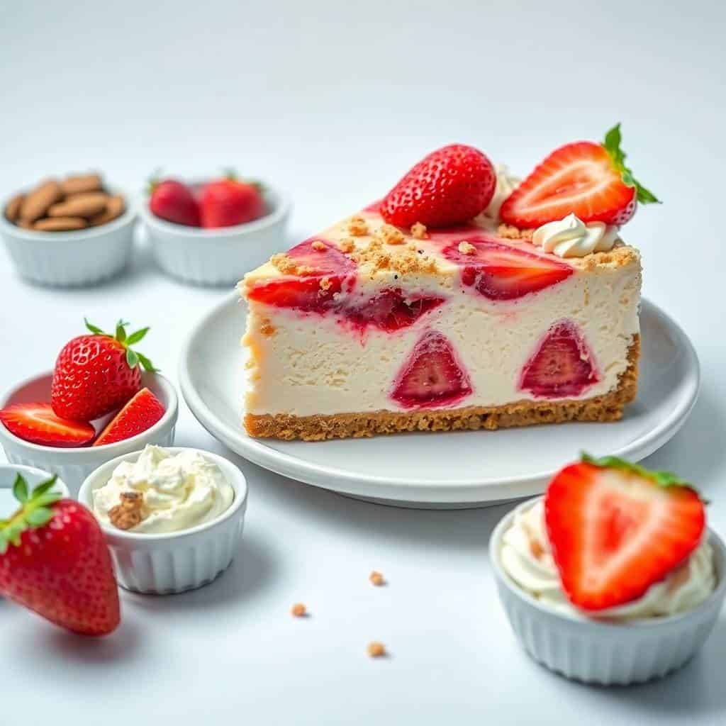 Strawberry crunch cheesecake slice with fresh strawberries, whipped cream, and graham cracker crust on white plate.
