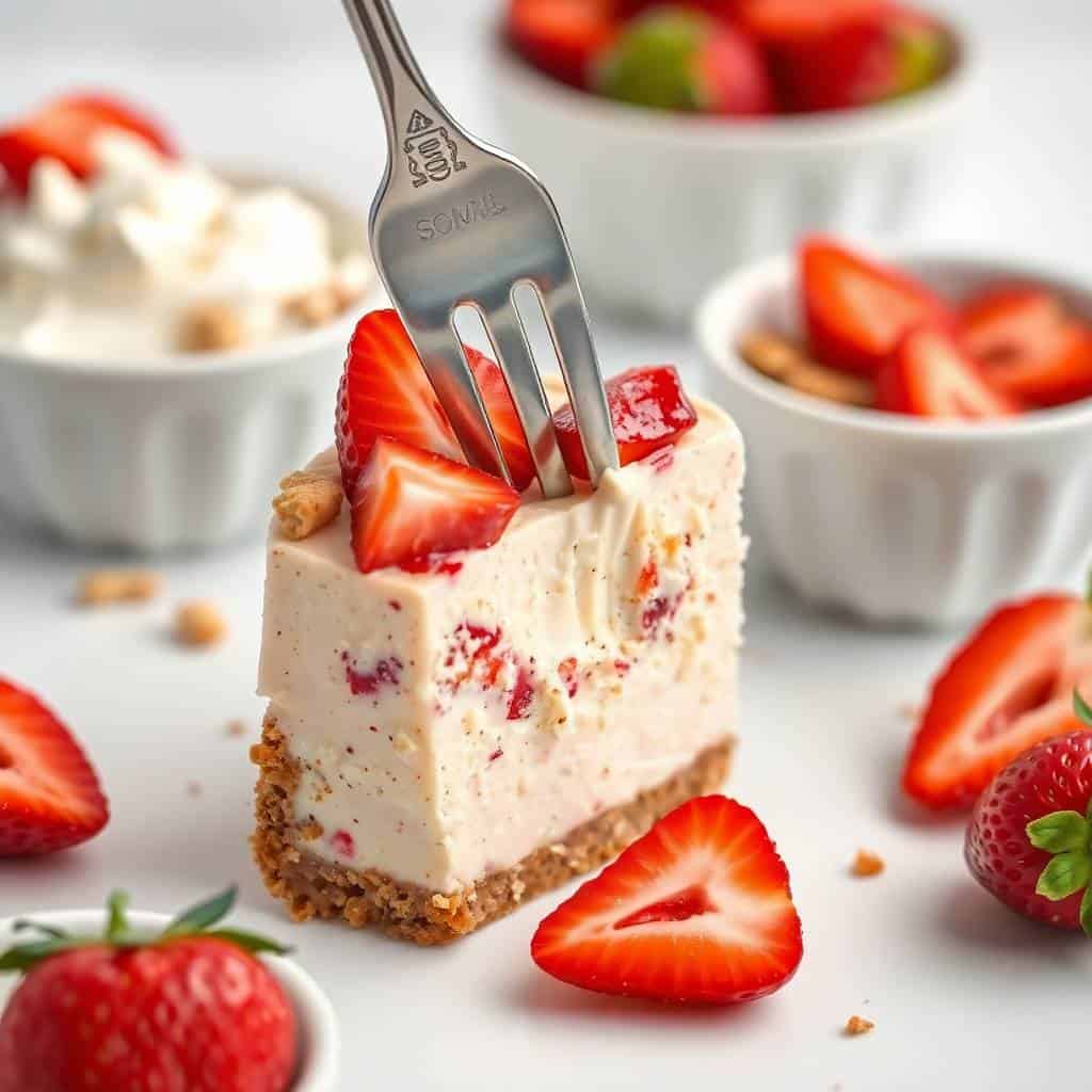 Fork cutting into creamy strawberry cheesecake slice with graham cracker crust and fresh strawberry garnish.