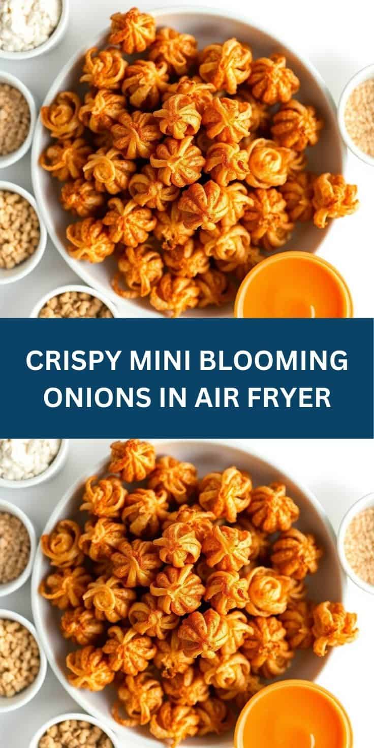 Golden crispy mini blooming onions in white bowl with dipping sauce and ingredients nearby.