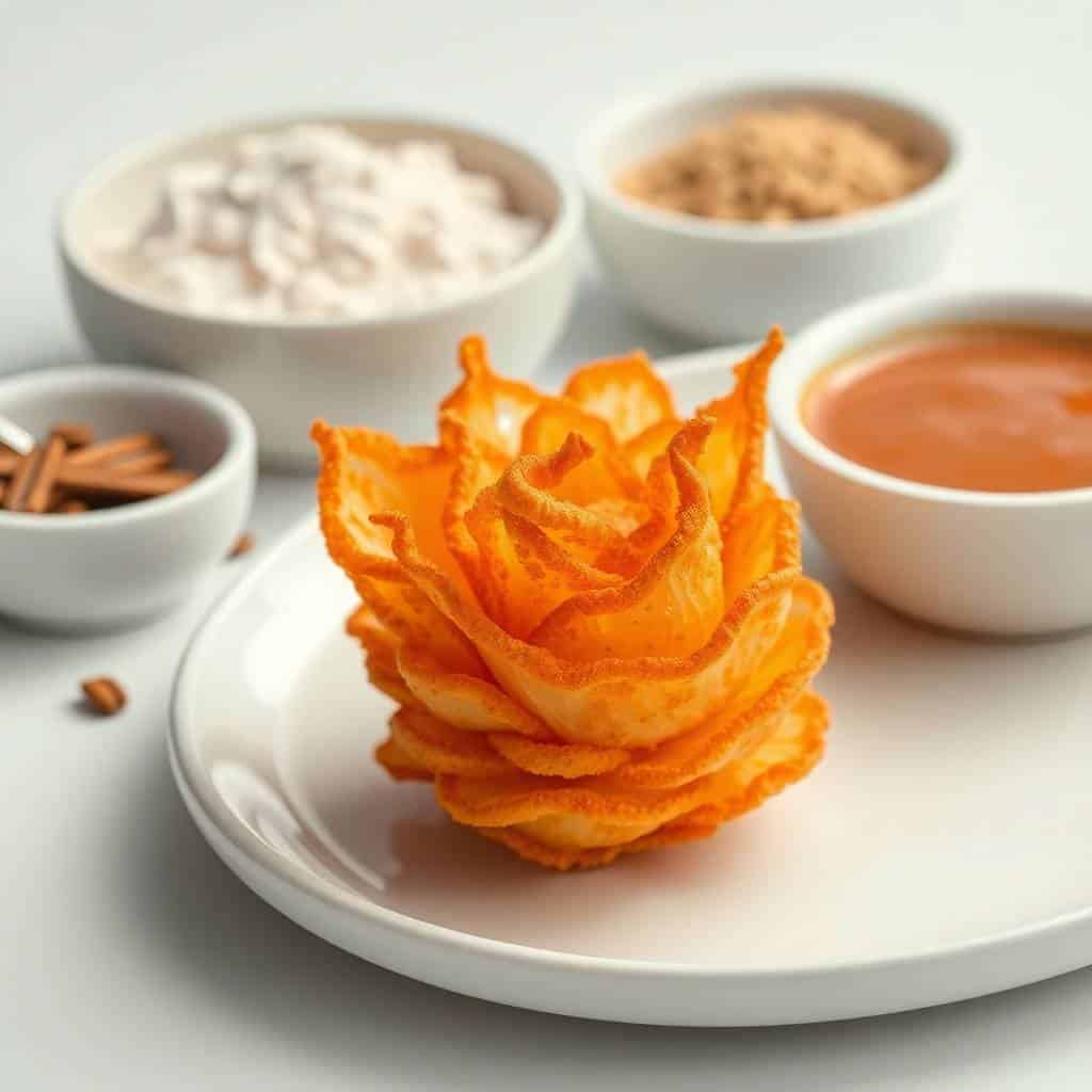 Crispy golden mini blooming onion on white plate with dipping sauces and spices in bowls.