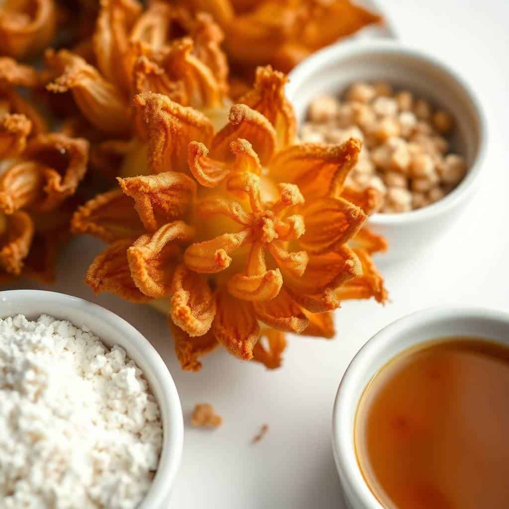 Crispy golden mini blooming onions with dipping sauces in white bowls on white surface.
