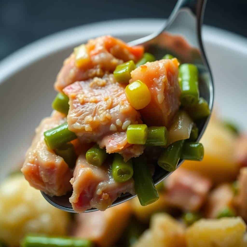 crockpot ham green beans potatoes close up hearty comfort dinner