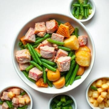 crockpot ham green beans potatoes plated comfort food close up
