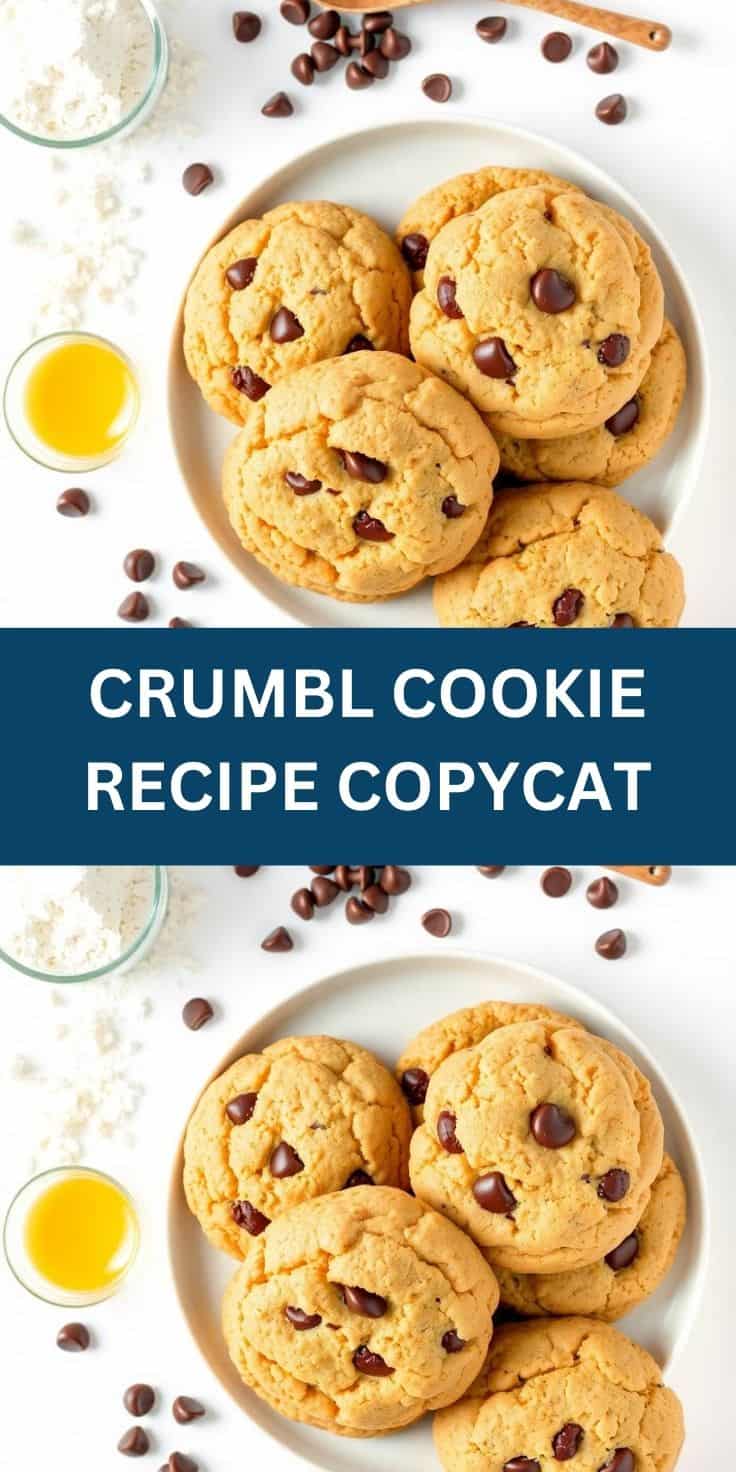 Golden-brown chocolate chip cookies on white plate with ingredients and oil nearby.