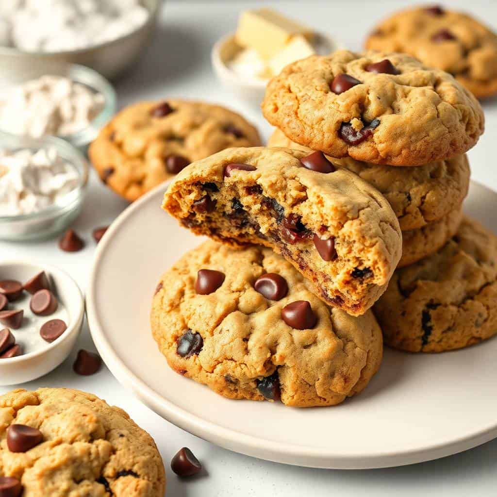 Chocolate chip cookies stacked on white plate with butter and chocolate chips scattered nearby.
