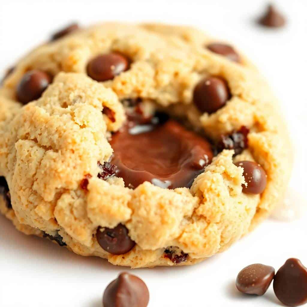 Crumbl cookie copycat with chocolate chips and melted chocolate center on white surface.