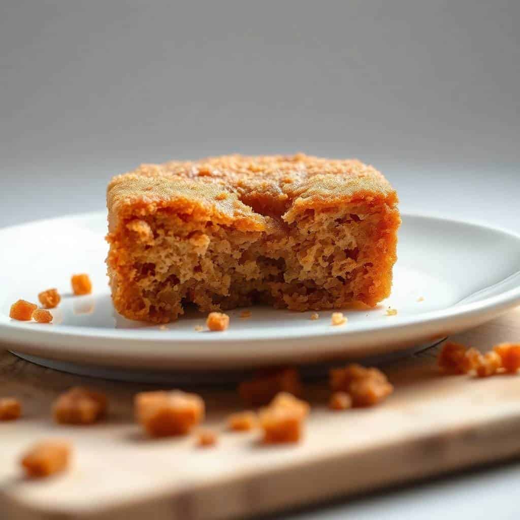 Brown sugar cake slice on white plate with crumbs and caramelized sugar pieces scattered around.