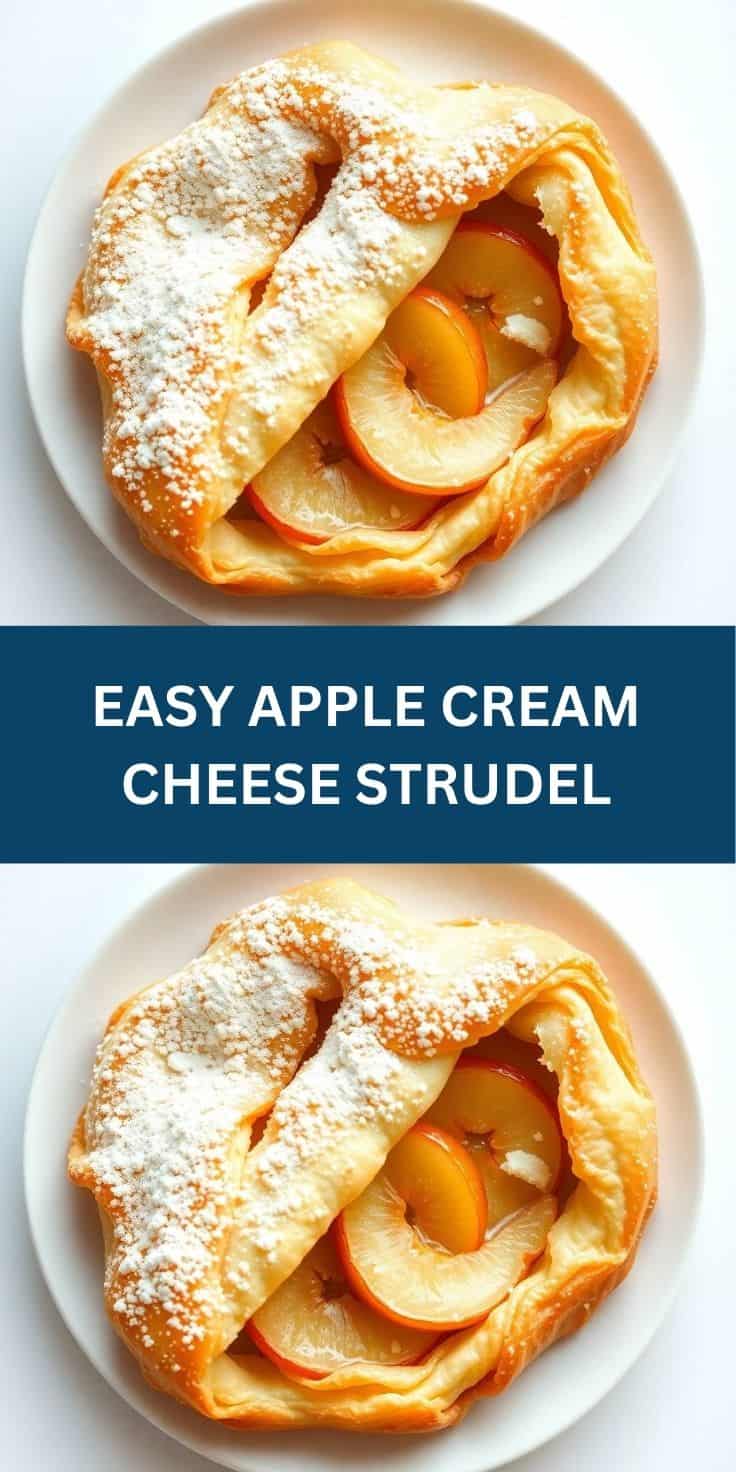 Golden-baked apple cream cheese strudel dusted with powdered sugar on white plate.