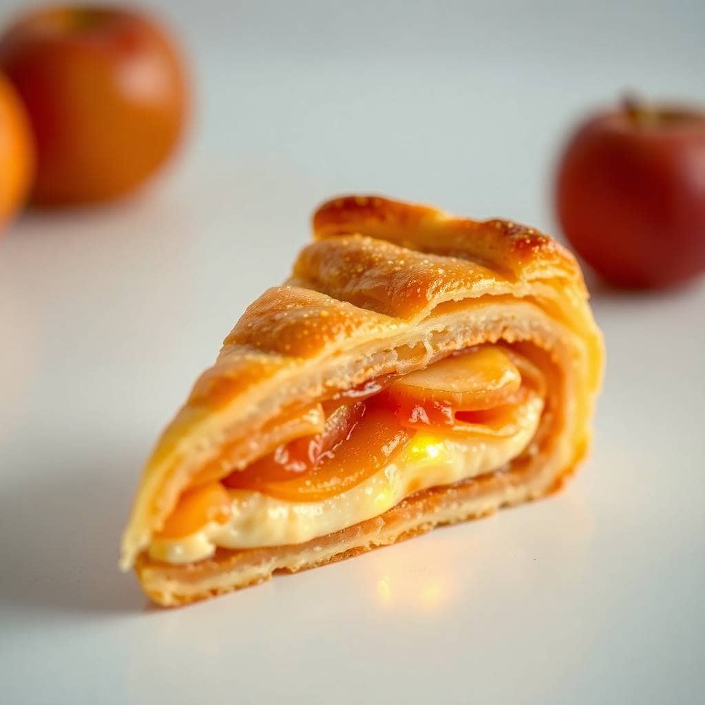 Sliced apple cream cheese strudel with golden pastry and caramelized top, fresh apples blurred in background.