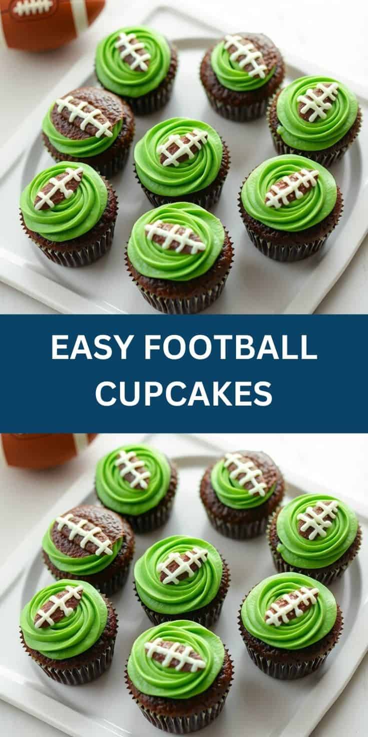 Chocolate cupcakes with green frosting and white lace football design on white plate.