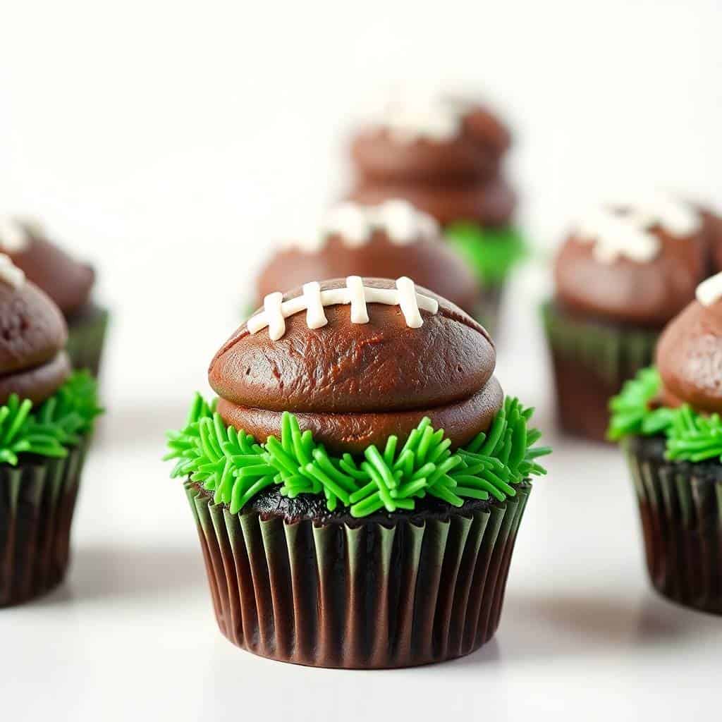 Football-shaped chocolate cupcakes with green frosting grass and white laces on brown wrapper.