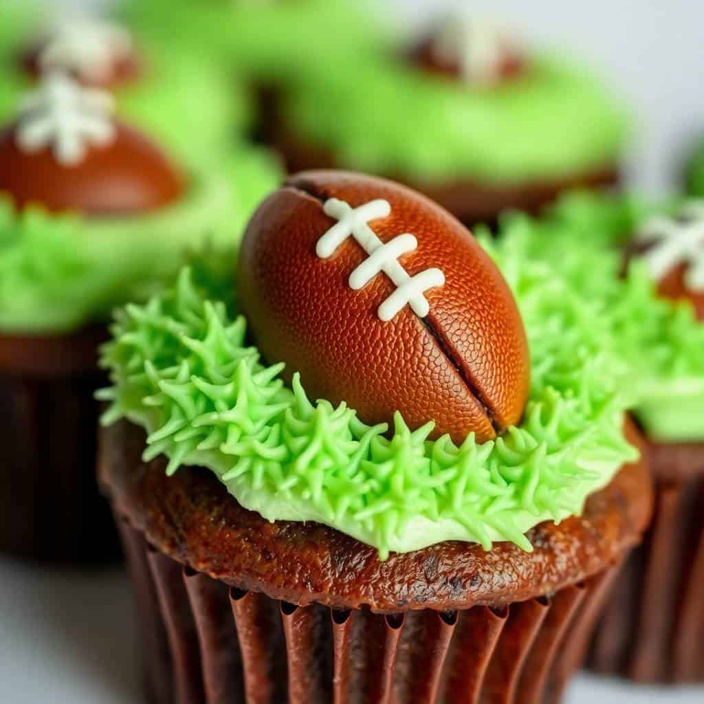 Football-shaped chocolate cupcakes with green frosting grass and white laces on brown wrapper.