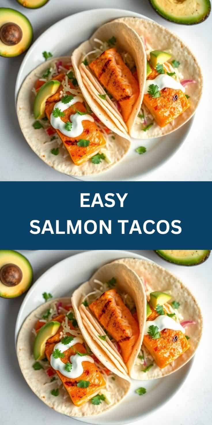 Three salmon tacos on white plate with avocado, sour cream, cilantro, and fresh avocado slices beside.