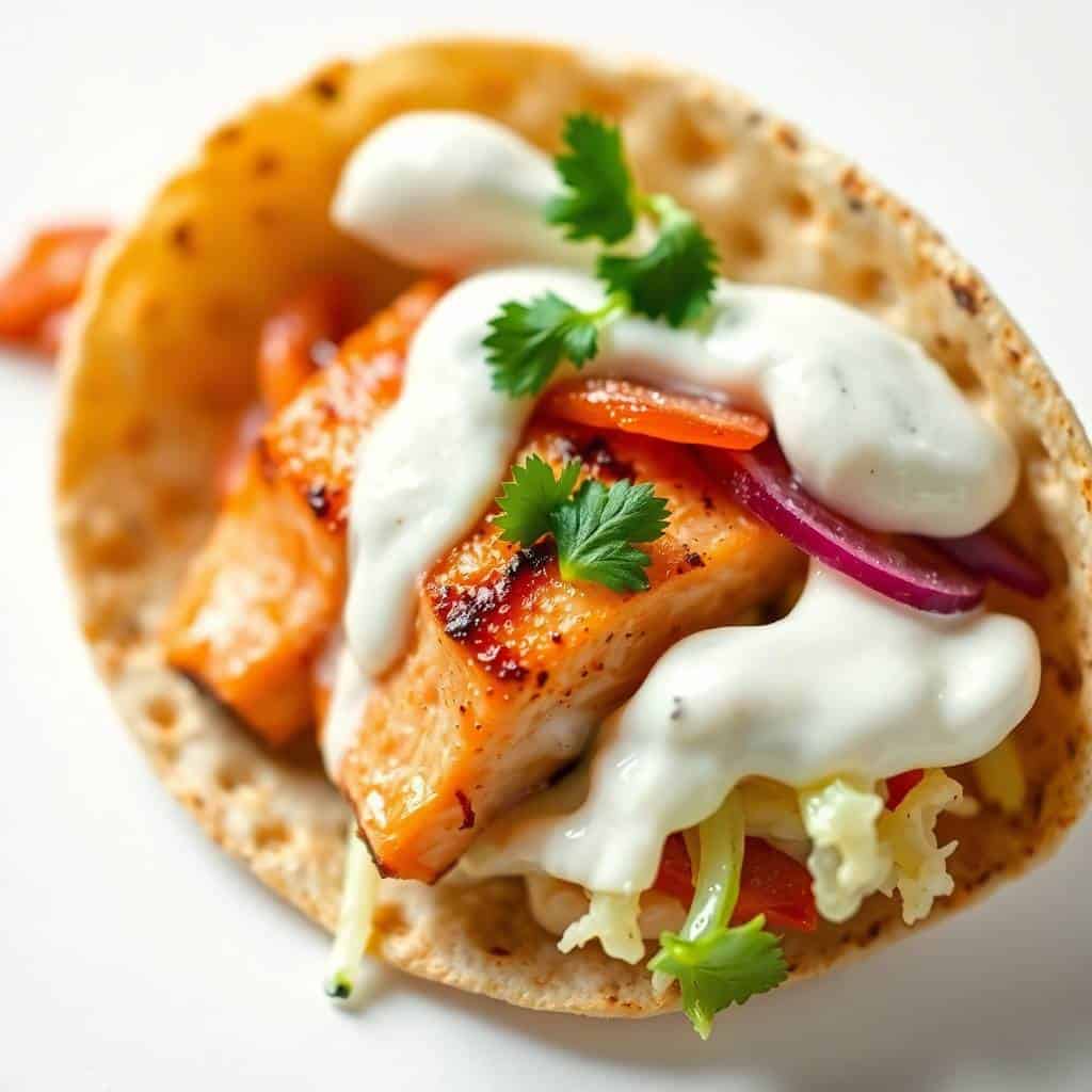 Salmon tacos with seared fish, sour cream drizzle, red onion, and cilantro on toasted tortillas.