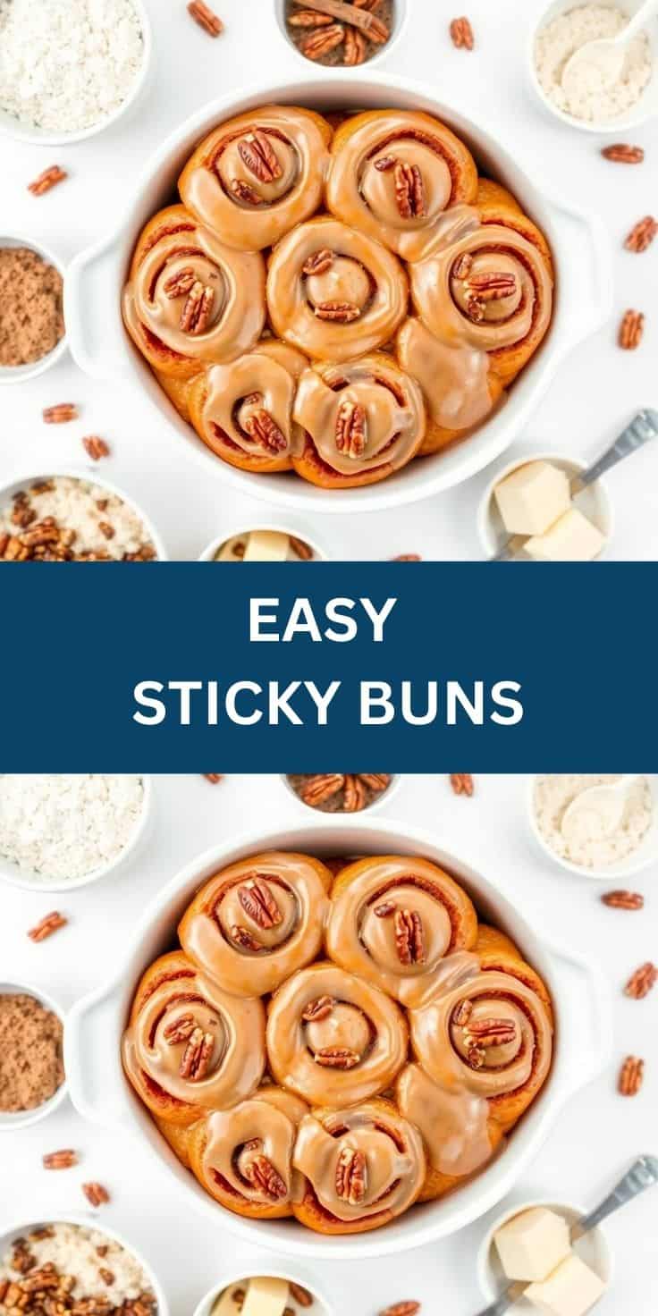 Freshly baked sticky buns with pecans and caramel glaze in white baking dish, surrounded by ingredients.