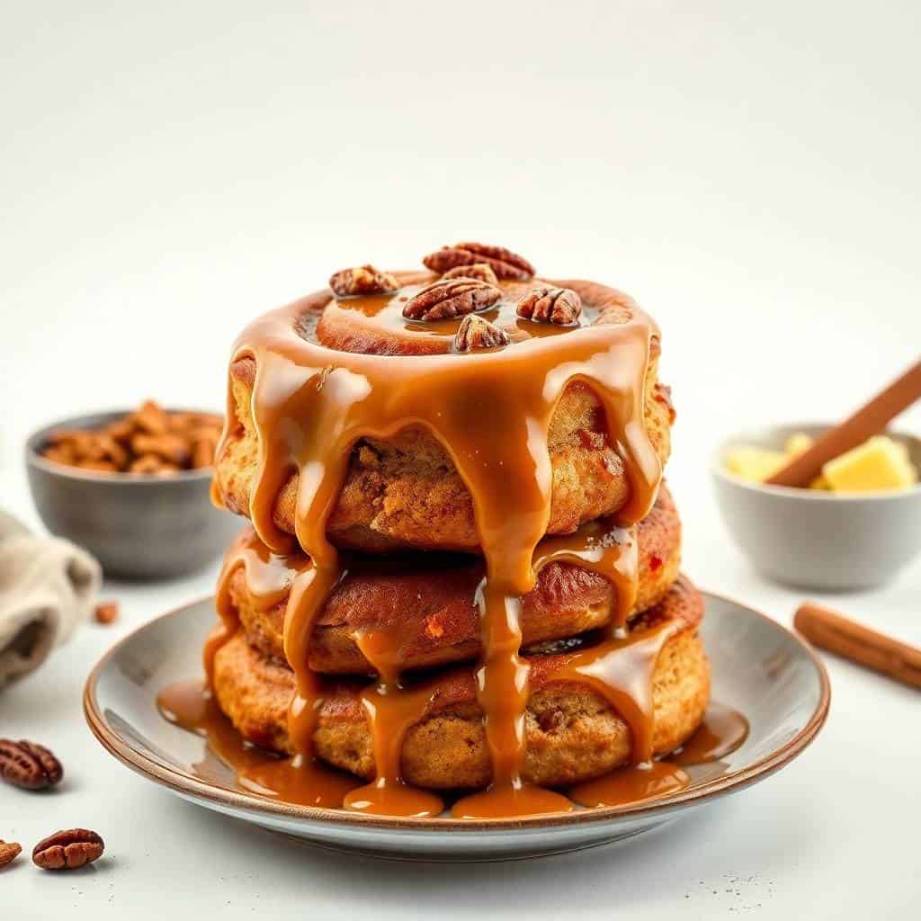 Stack of three sticky buns with caramel glaze dripping down, topped with pecans, on white plate.