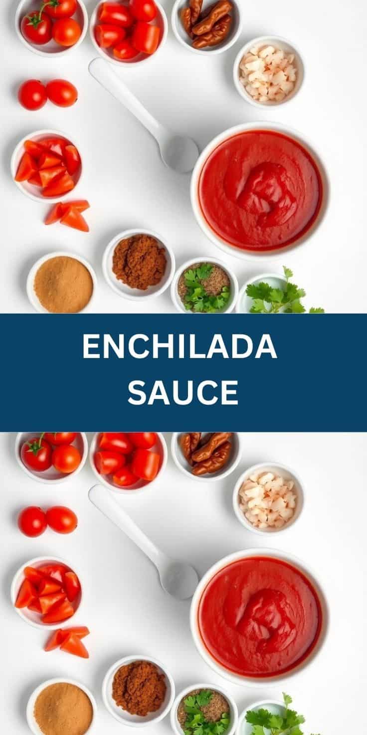 Enchilada sauce ingredients arranged overhead: tomatoes, peppers, spices, garlic, cilantro, and finished red sauce in bowl.