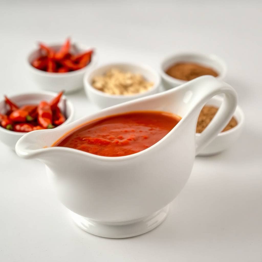 Red enchilada sauce in white gravy boat with fresh strawberries and spices arranged nearby.