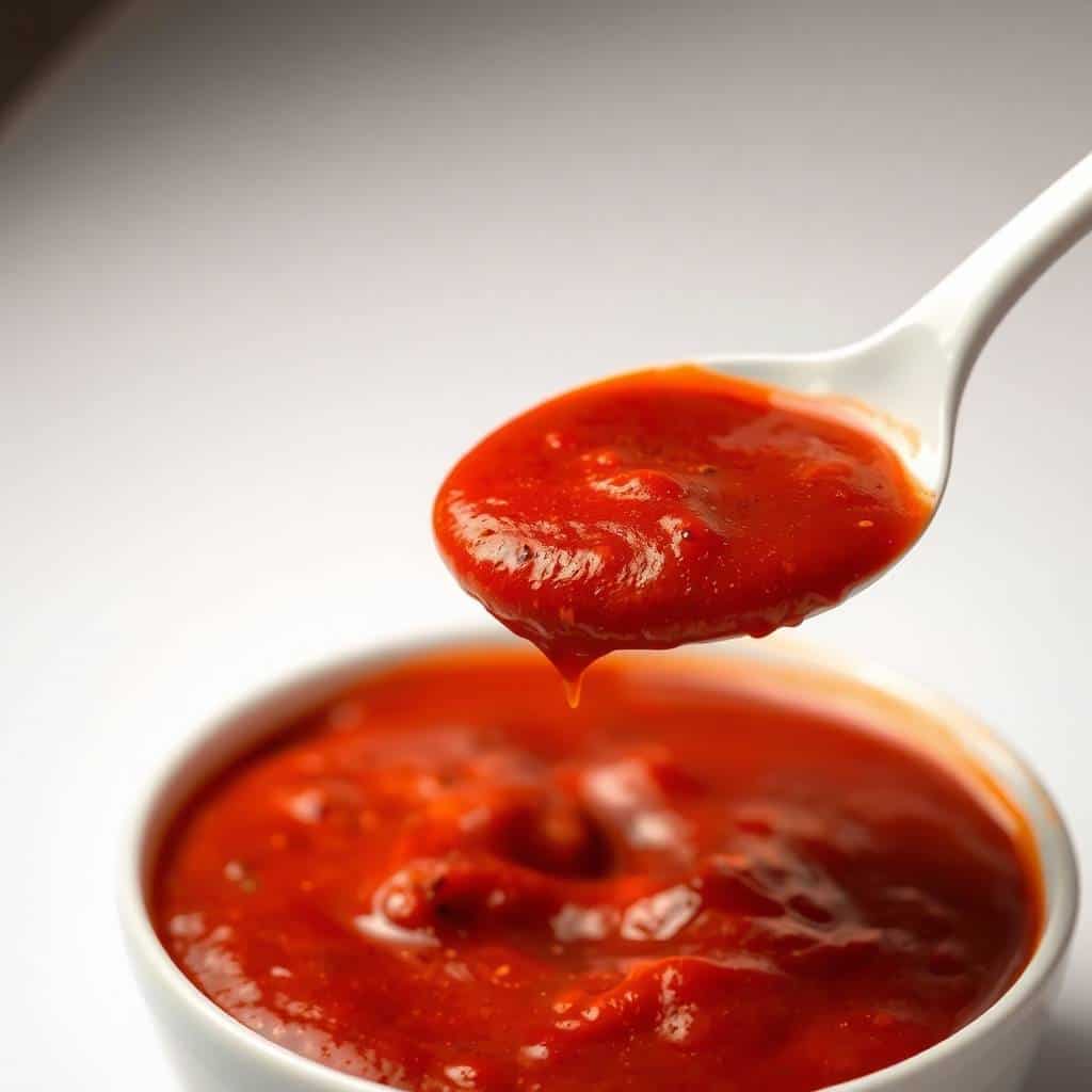 Spoon lifting red enchilada sauce from white bowl against neutral background.