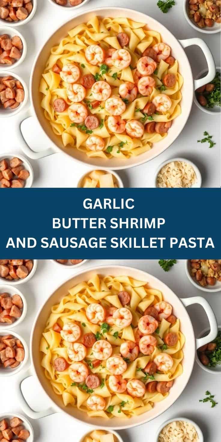 Garlic butter shrimp and sausage skillet pasta served in white bowls with parsley garnish and ingredient bowls surrounding.