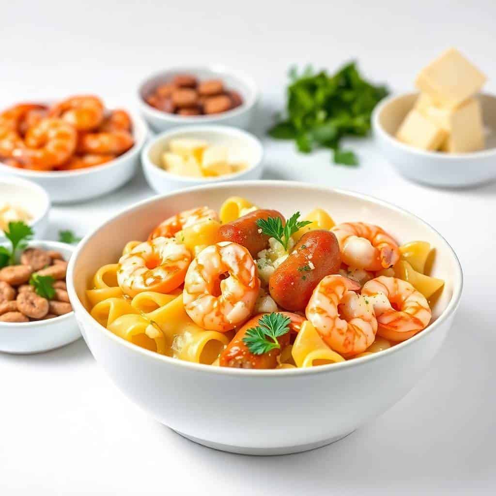 Garlic butter shrimp and sausage pasta in white bowl with fresh parsley garnish and ingredients.