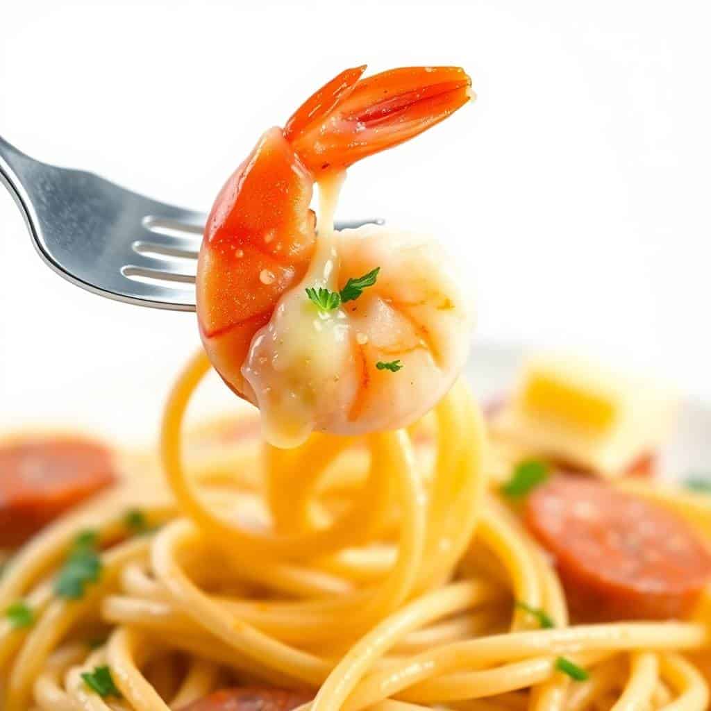Garlic butter shrimp and sausage pasta on fork with noodles and fresh parsley garnish.