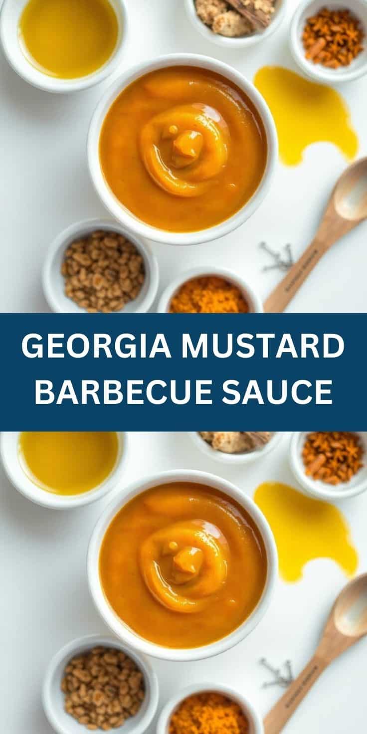 Georgia mustard barbecue sauce in white bowl surrounded by ingredient bowls on white surface.