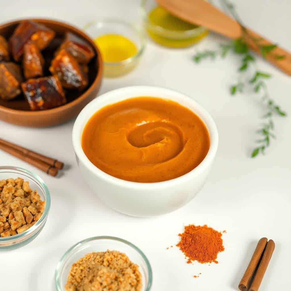Georgia mustard barbecue sauce in white bowl surrounded by spices, dates, and ingredients.