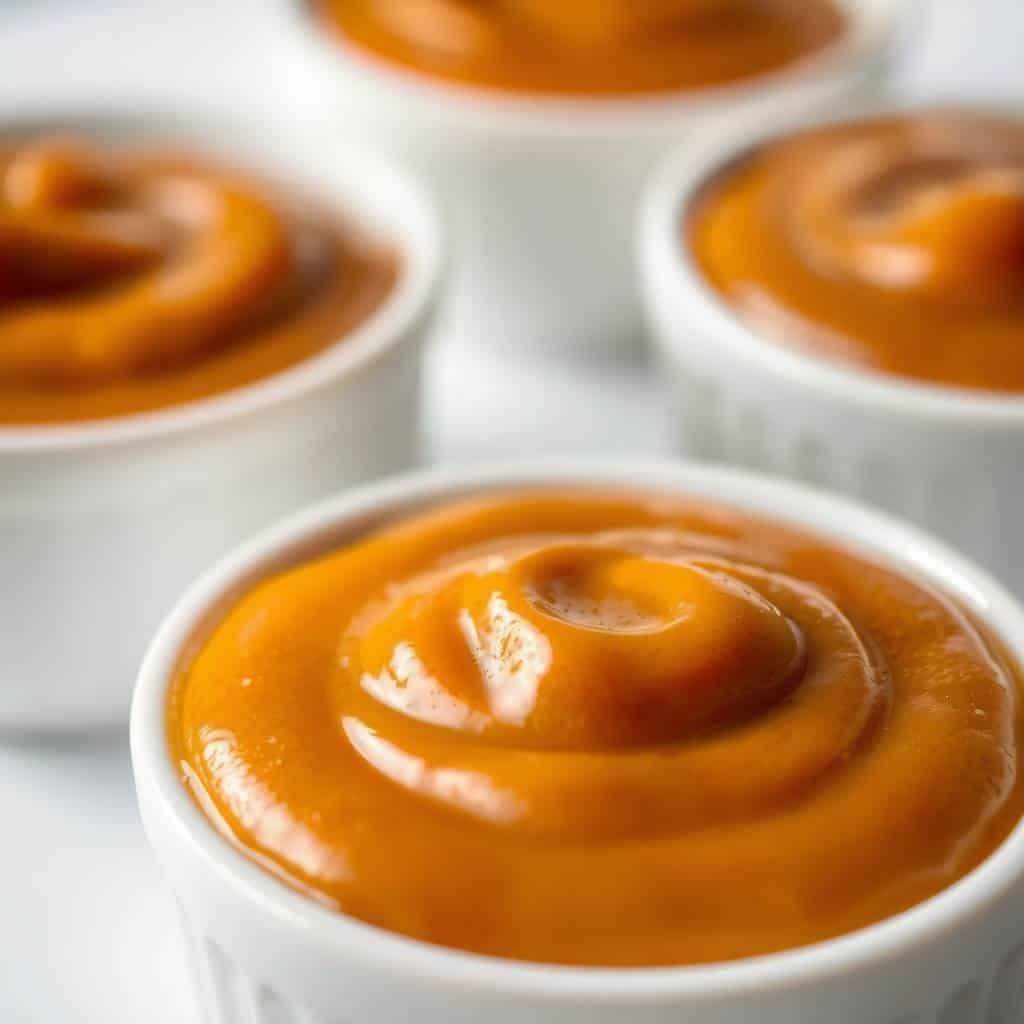 Georgia mustard barbecue sauce in white bowls, golden-brown gloss with swirled surface.