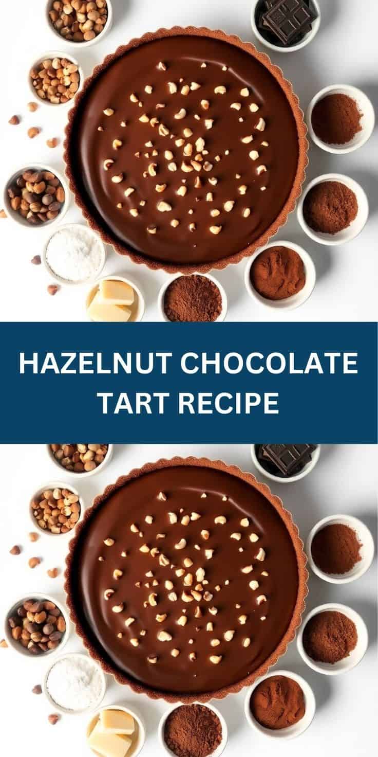 Hazelnut chocolate tart with roasted nuts on top, surrounded by ingredients in small bowls on white surface.