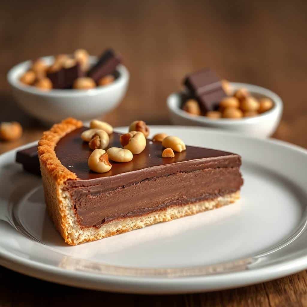 hazelnut chocolate tart slice showing silky ganache filling