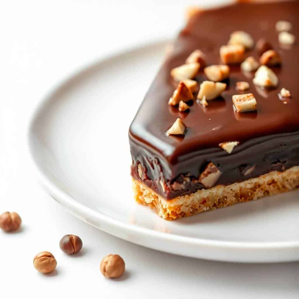 hazelnut chocolate tart whole with glossy ganache and toasted hazelnuts