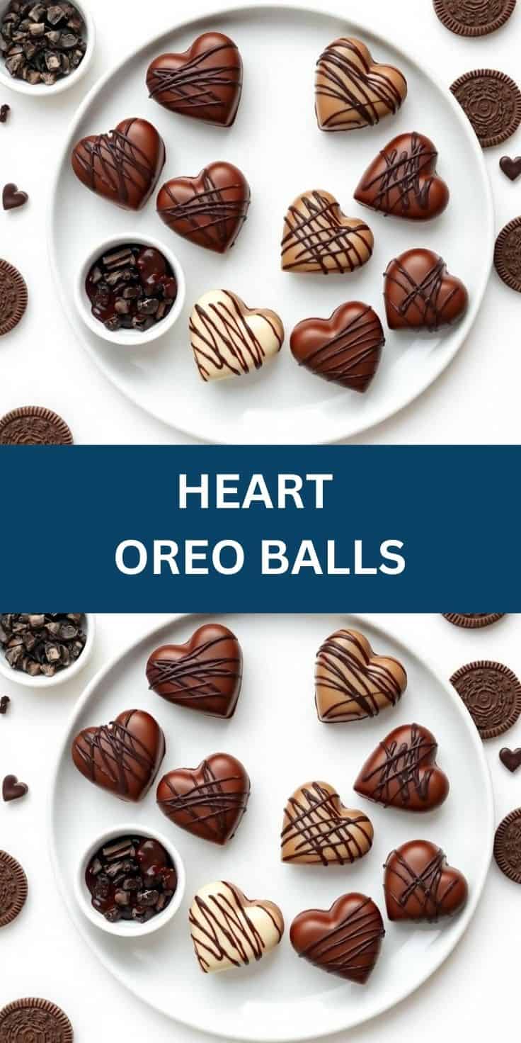 Heart-shaped chocolate Oreo balls with drizzled toppings arranged on a white plate with Oreo cookies nearby.