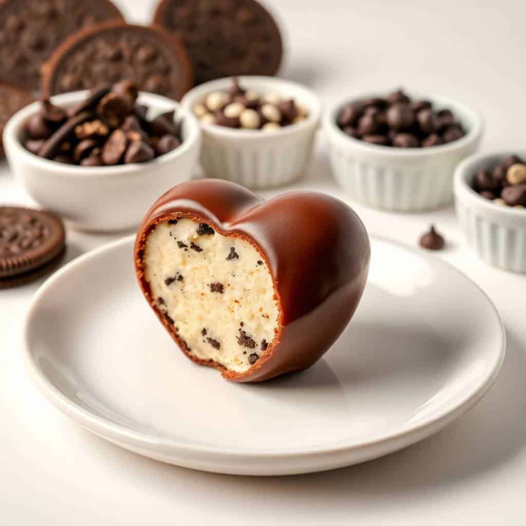 heart oreo balls close up showing chocolate coating and sprinkle decoration