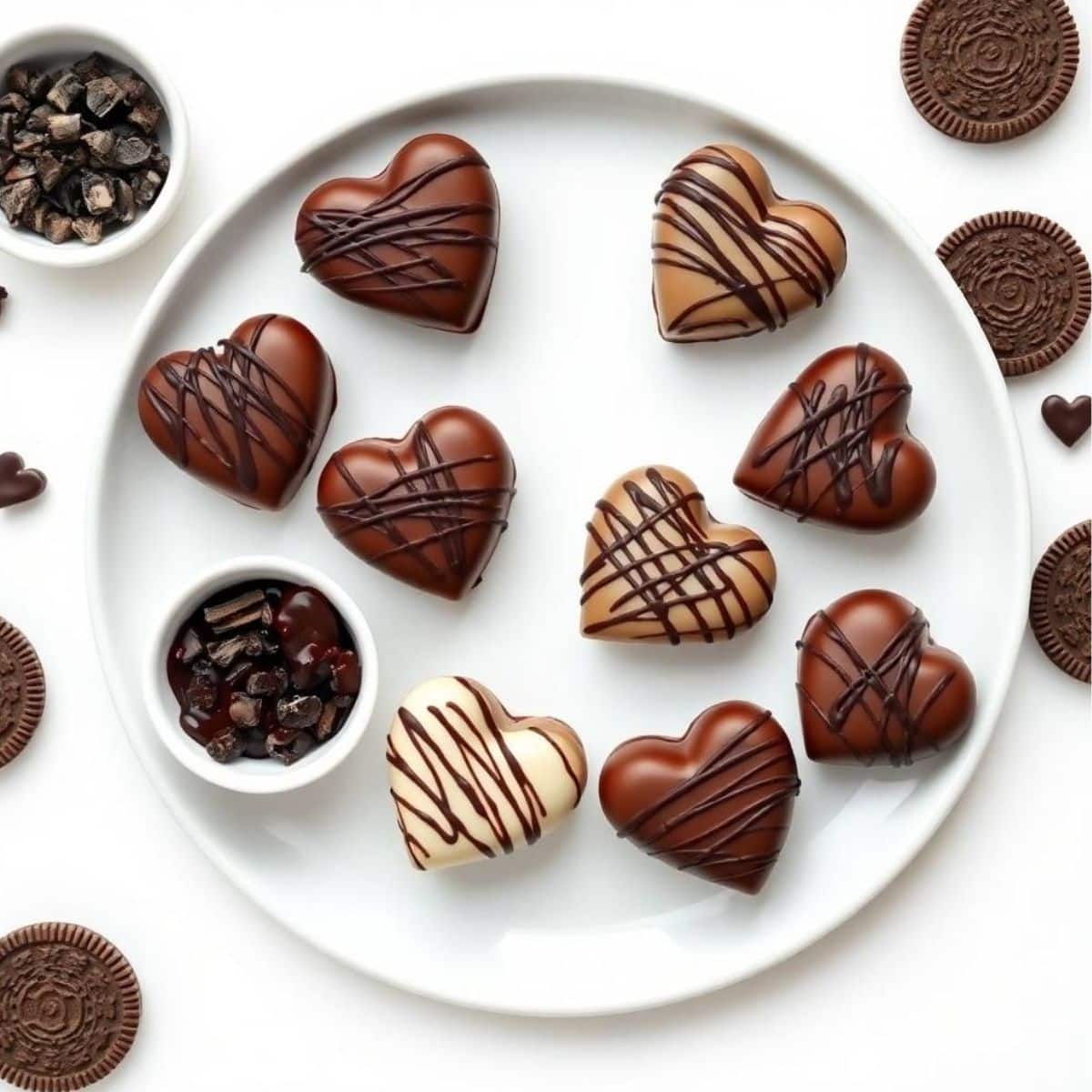heart oreo balls coated in chocolate with pink sprinkles for valentines day