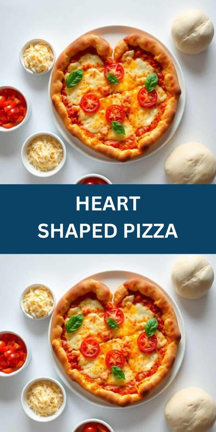 Heart-shaped pizza with melted cheese, tomato sauce, fresh basil, and tomato slices on white plate.