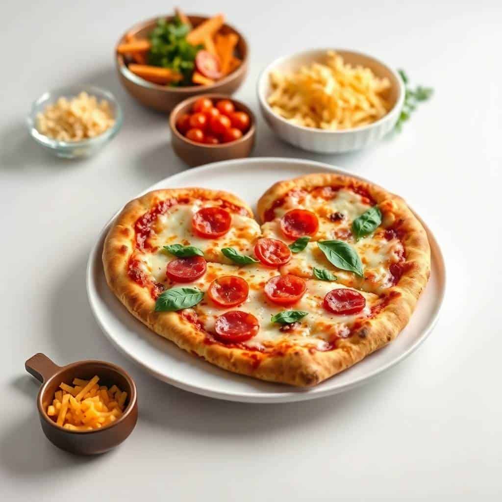Heart-shaped pepperoni pizza with fresh basil on white plate, surrounded by sides and toppings.