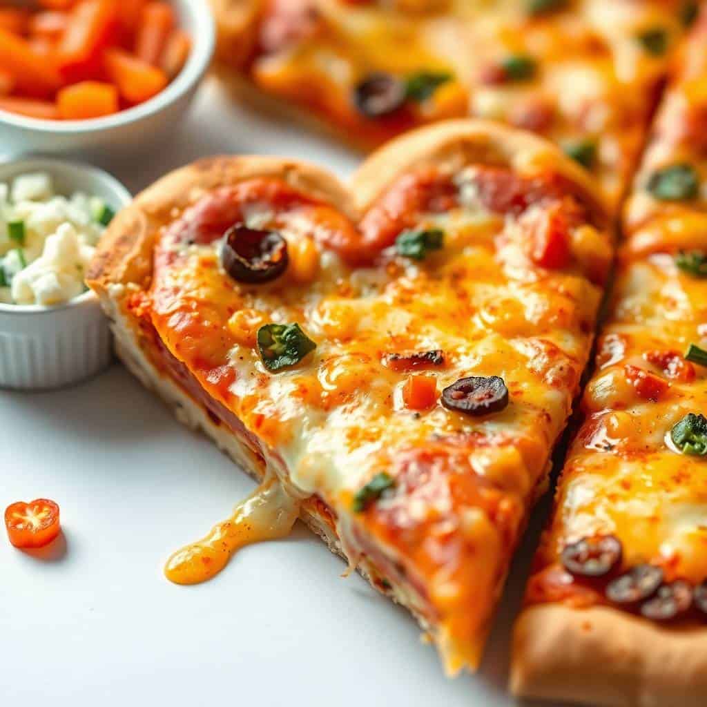 Heart-shaped pizza with melted cheese, black olives, red peppers, and jalapeños, served with dipping sauce.