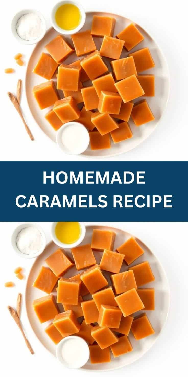 Homemade caramels cut into squares on a plate with butter, salt, and oil ingredients displayed.