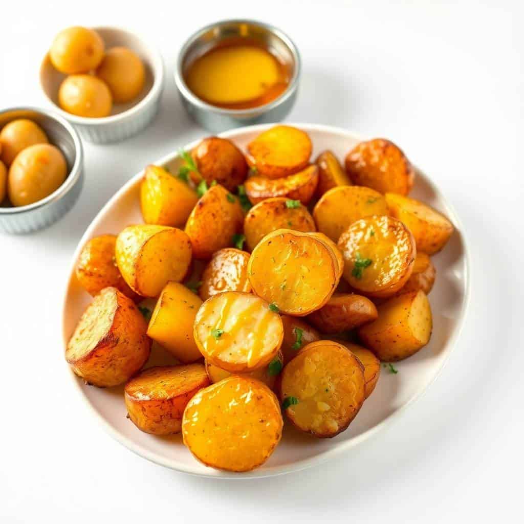 Roasted honey mustard potatoes garnished with parsley on white plate with serving bowls.