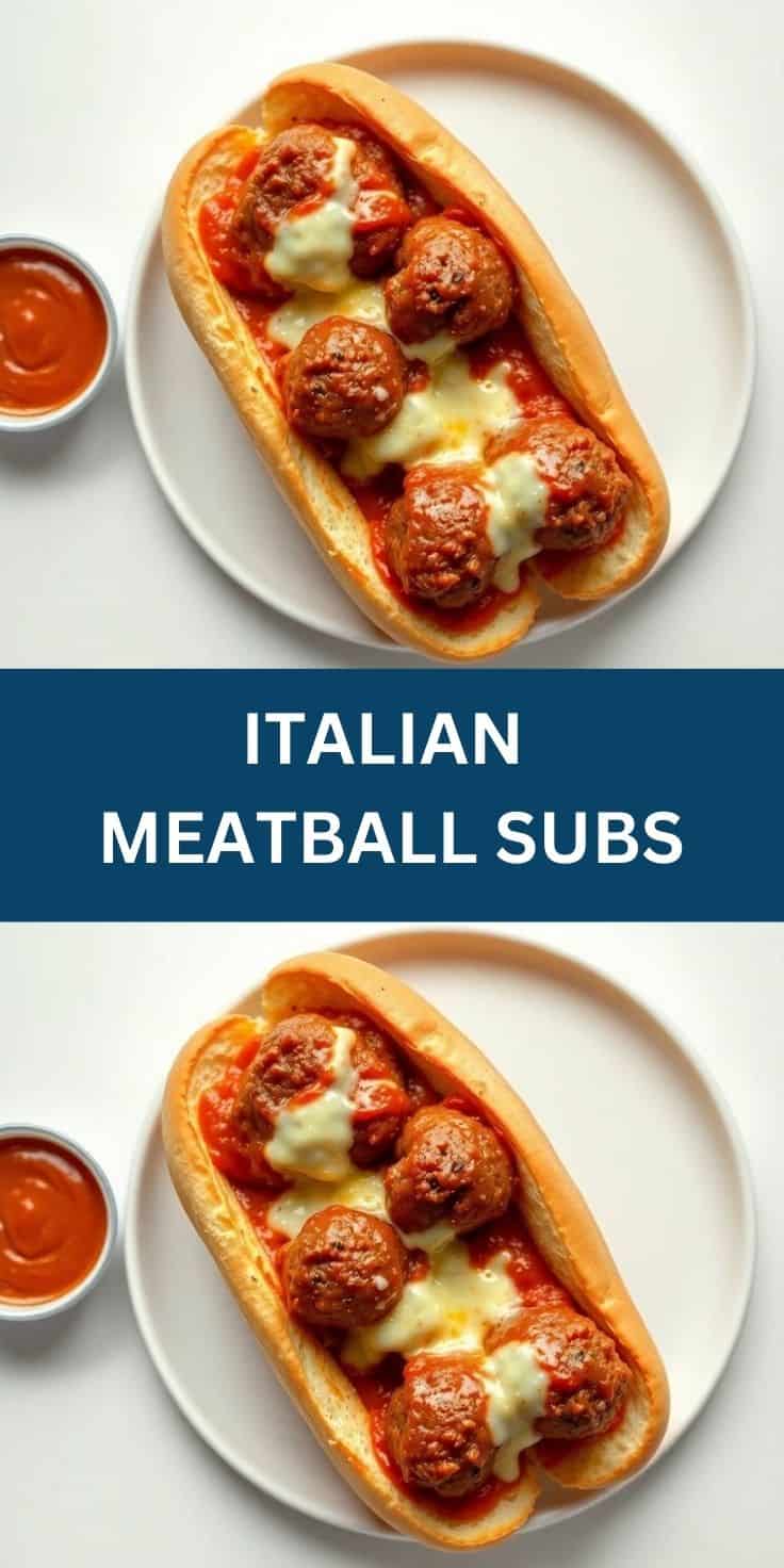 Italian meatball subs with melted cheese and red sauce on white plates, garnished with marinara.