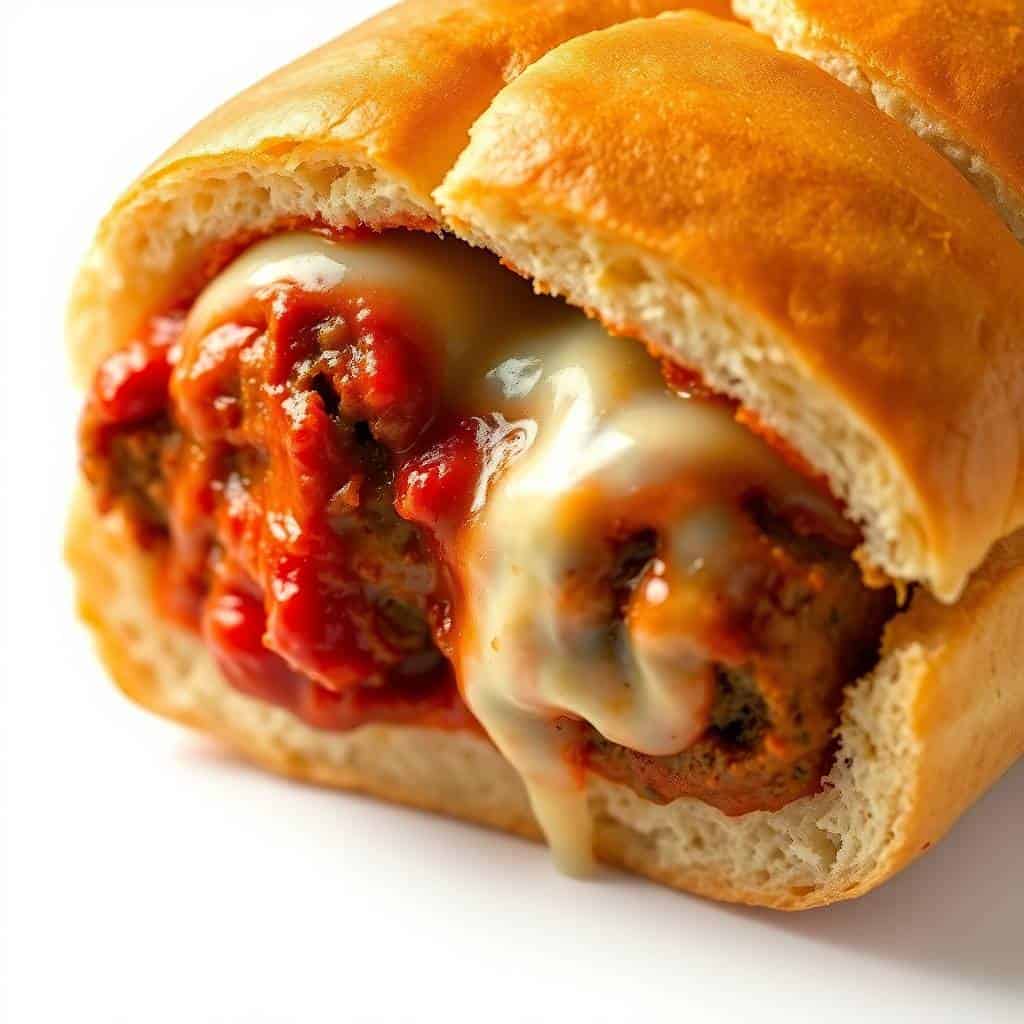 Italian meatball sub with melted cheese and red sauce on a toasted roll.