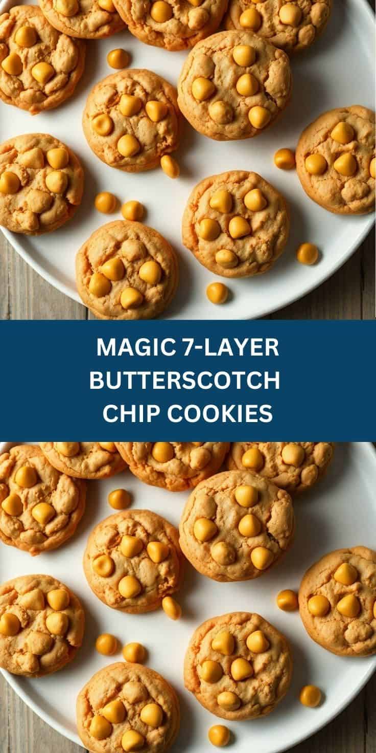 Golden butterscotch chip cookies with crispy edges arranged on a white plate with scattered chips.