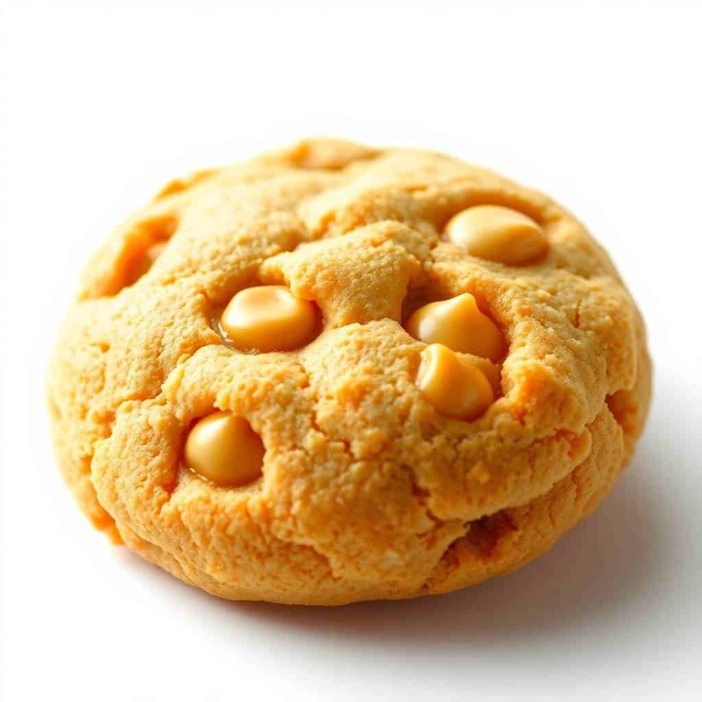 Golden butterscotch chip cookie with crinkled texture and visible chips on white background.