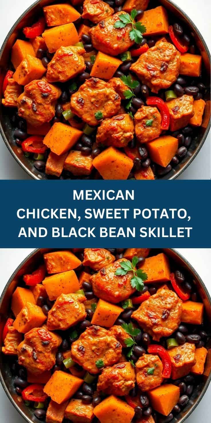 Mexican chicken, sweet potato, and black bean skillet with cilantro garnish in cast iron pan.