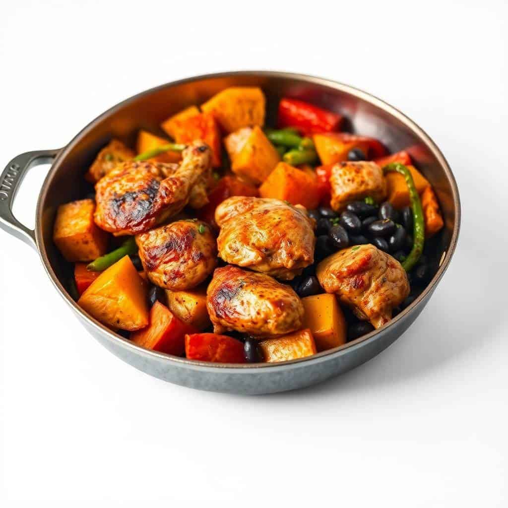 Mexican chicken, sweet potato, and black bean skillet with colorful vegetables in cast iron pan.