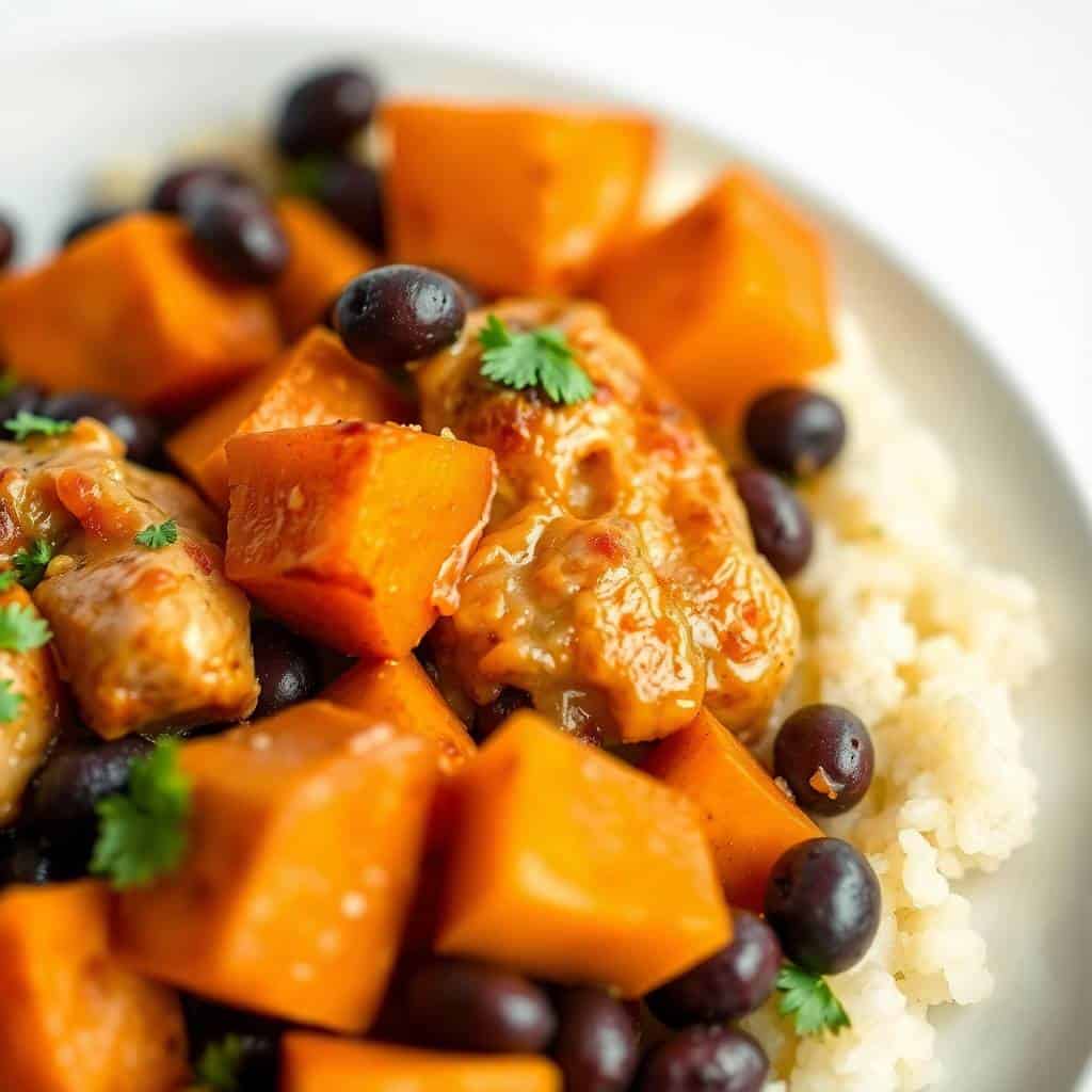 Mexican chicken and sweet potato skillet with black beans and cilantro garnish over rice.