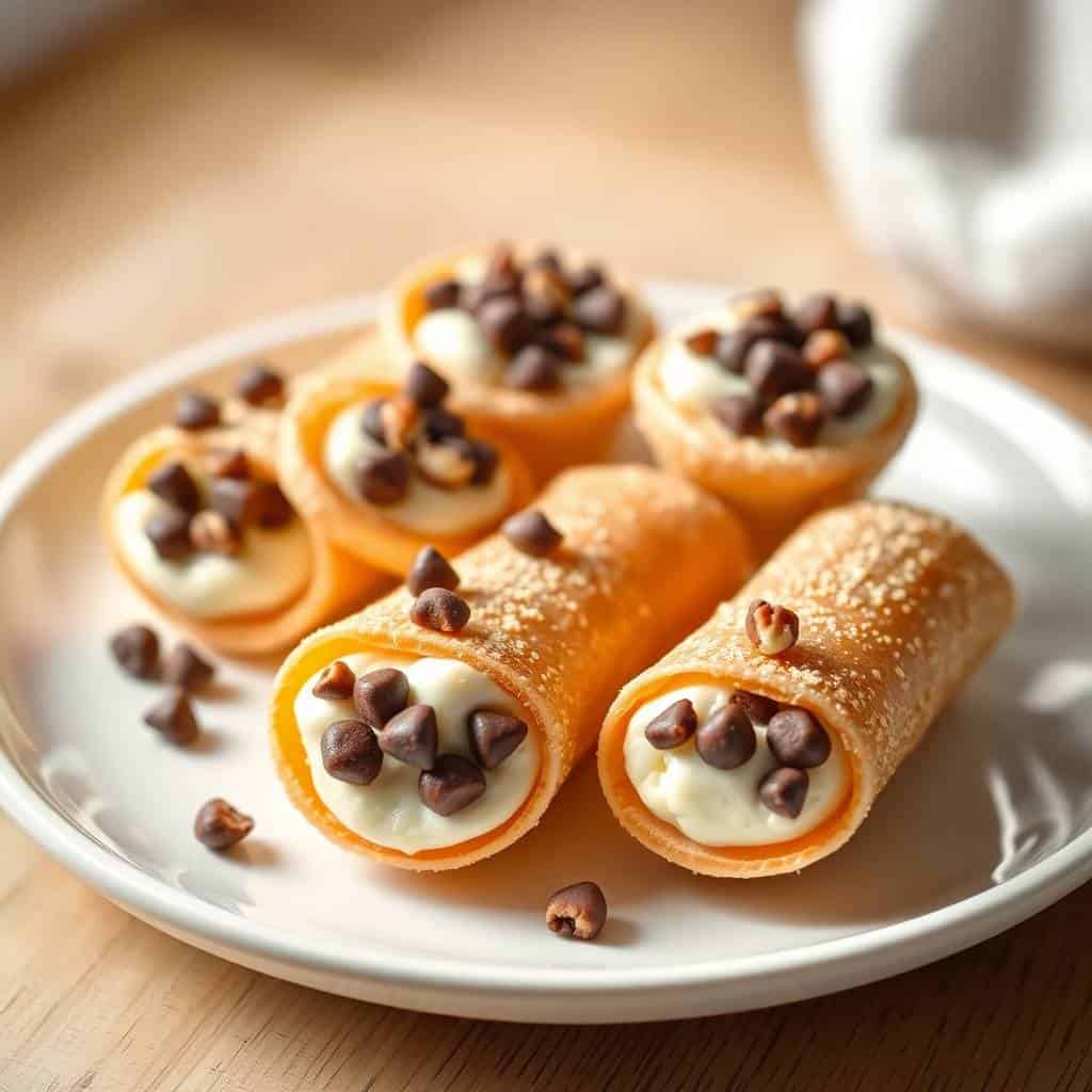 Mini cannoli cups filled with cream and chocolate chips, dusted with powdered sugar on white plate.
